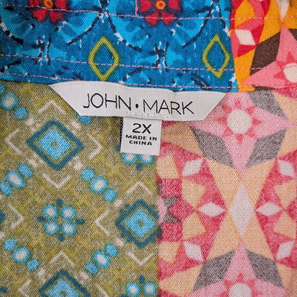 John Mark Button Top 2X 2XL Multicolor Patchwork Floral Pink Blue Colorful Artsy - Picture 13 of 15